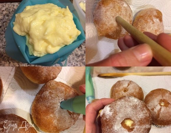 В середине пончика сделать дырочку (это можно сделать деревянной ложкой) и заполнить пончик кремом при помощи кондитерского шприца.