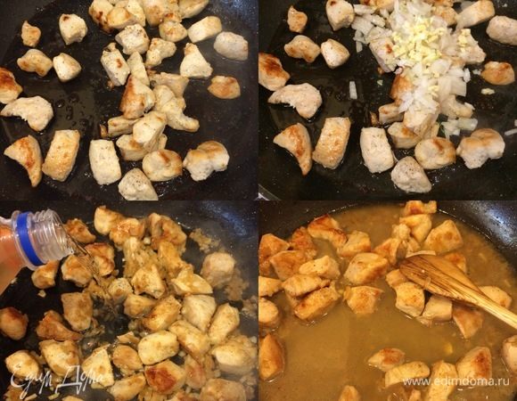 В сковороде с толстым дном разогреть масло и обжарить курицу со всех сторон. Лук и чеснок мелко нарезать, добавить к курице и потушить пару минут. Затем добавить вино и тушить 10–15 минут.