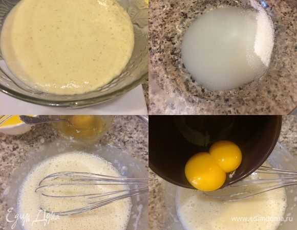 После того, как опара увеличится начинаем делать тесто №1. В теплой воде растворить сахар и ванильный сахар, затем дабавить опару и перемешать венчиком. Потом добавляем желтки комнатной t° и опять перемешиваем венчиком.