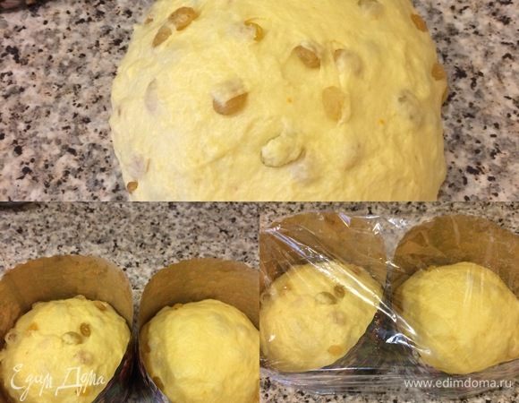 После того, как мы добавили весь изюм в тесто, его нужно еще раз хорошо вымесить минут 5. Затем сформировать из теста шар, положить в бумажную форму, форму перенести на противень, накрыть пленкой и поставить в теплое место на 3-4 часа.