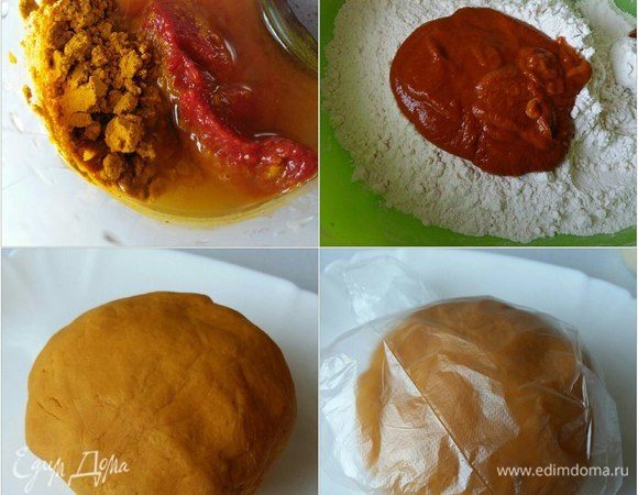 Теперь дело за оранжевым тестом. В теплой воде смешать томатную пасту (автор рецепта теста советует использовать пасту «помидорка», объясняя это тем, что она перепробовала много вариантов, 
и именно данная паста дает такой прочный, насыщенный цветовой эффект). Я последовала ее совету и как видите по главному фото, насыщенность цвета, так сказать, на лицо. Так вот, в теплой воде развести томатную пасту, ложку куркумы (у автора была паприка) вылить в муку и руками замесить в комок. Отправить в чашу миксера и также вымешивать, как и белое тесто. 