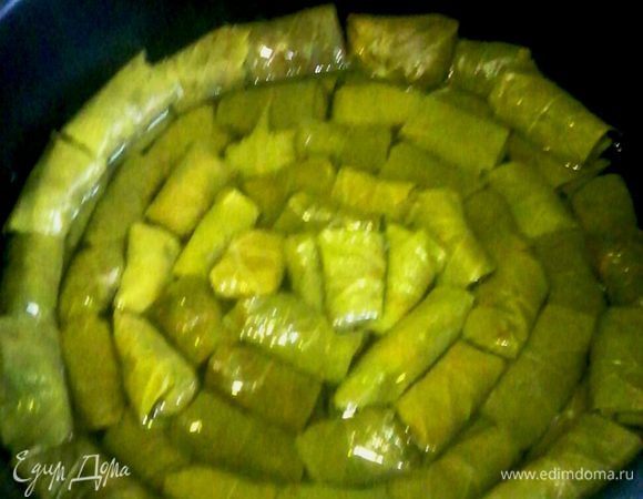 Выложить долму плотно в чашу мультиварки и налить воды так, чтобы половина слоя долмы была над водой.