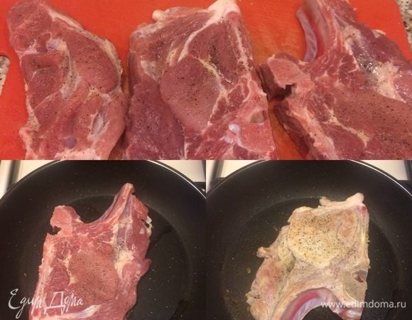 Духовку нагерть до 160-170°С. Мясо вымыть, хорошо обсушить бумажным полотенцем, натереть солью и перцем. Сковороду с толстым дном хорошо разогерть и обжарить мясо с обеих сторон. Затем сложить мясо в чугунок.