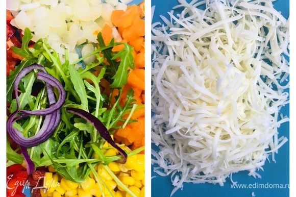 Нарезаем овощи, нарезанные овощи должны соответствовать кукурузе. Натираем сыр.