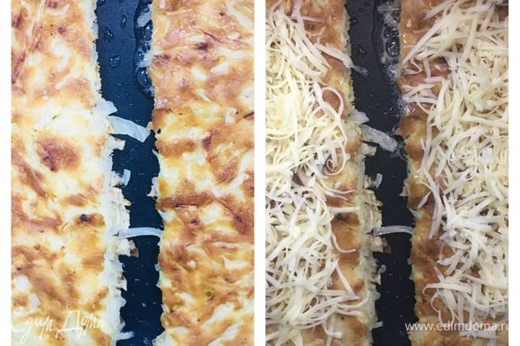 Готовый капустный блин в сковороде разрезаем на количество порций. Выложить сыр, большую часть.
