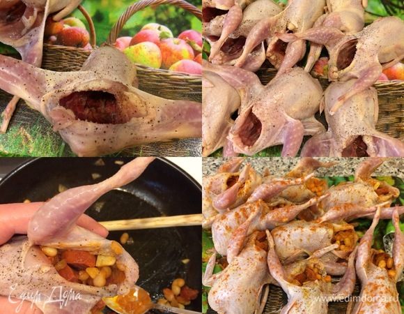 Перепелок изнутри посолить и поперчить. Нафаршировать фасолью с чоризо. Затем каждую птичку полить маслом, посыпать паприкой и все хорошо раcтереть.