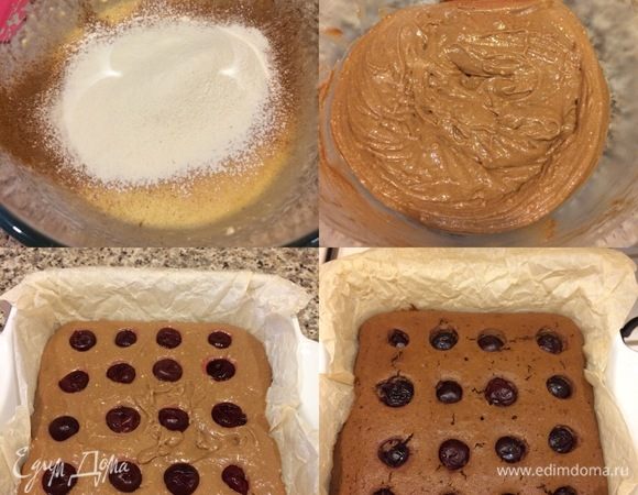 Потом просеиваем какао и слегка перемешиваем. В конце добавлем муку, разрыхлитель, соль и еще раз хорошо перемешиваем массу. Перекладываем массу в форму (форму лучше застелить бумагой для выпечки), распределяем и сверху украшаем вишней. Выпекаем пирог до готовности 30–40 минут.