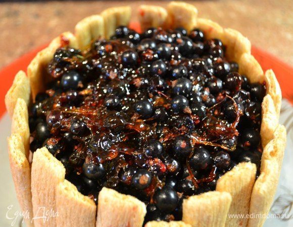 Сверху насыпать свежей смородины, полить карамелью. 