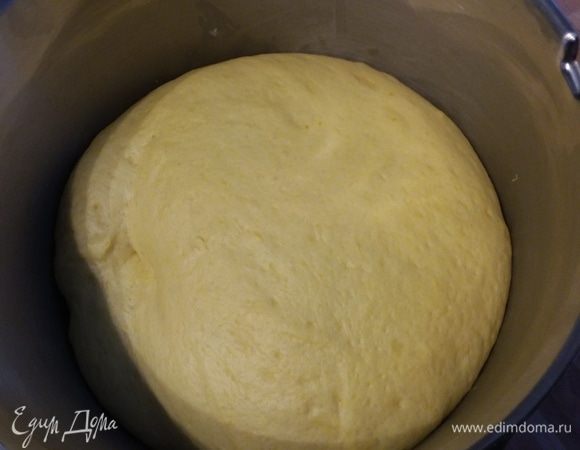 Тесто выросло больше, чем в два раза. Его нужно обмять и выложить на припыленную мукой поверхность. 