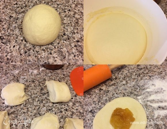 Замесить нежное тесто (месить минут 5–7). Затем тесто положить в миску (миску лучше слегка посыпать мукой  или смазать растительным маслом), накрыть пленкой и поставить в теплое место на 2,5 часа. Тесто должно увеличиться в 1,5–2 раза. Спустя указанное время рабочую поверхность слегка посыпать мукой, переложить тесто и разделить его на 5 частей. Из каждой части сформировать колобок и раскатать. 