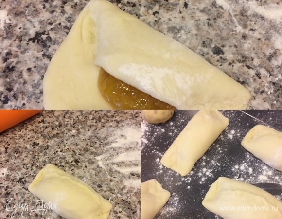 Посередине теста положить ложку джема, накрыть краямии теста и прижать пальцами. Противень слегка посыпать мукой, разложить булочки, накрыть пленкой и оставить еще на 30 минут.