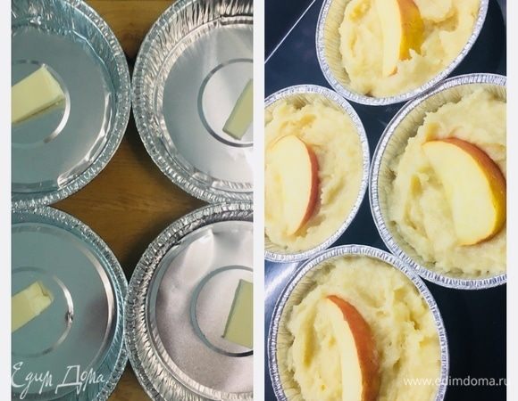 Форму для запекания смазать сливочным маслом. Выложить массу, заполнив на 1/3 форму, украсить яблоком, сверху посыпать сахарным песком. Выпекать на 170°С 30 минут + 150°С 20 минут. 