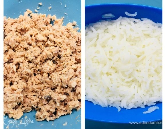 Отварить рис, 2 яйца. Размять в тарелке рыбу.
