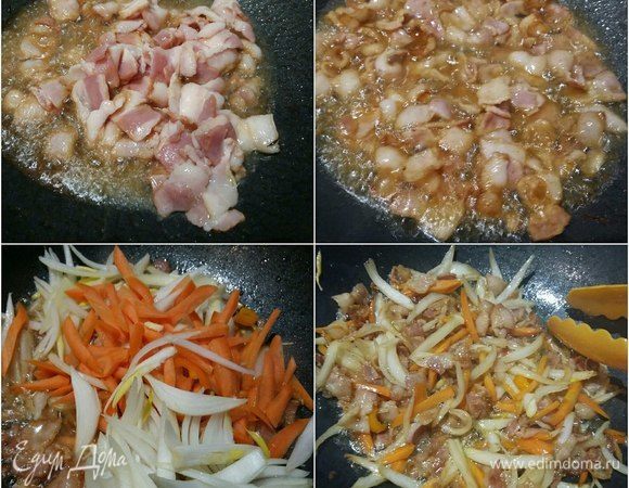 Соус. В сковороду отправить первым бекон. Недолго обжарить, добавить морковь с луком, обжарить 2 минуты.