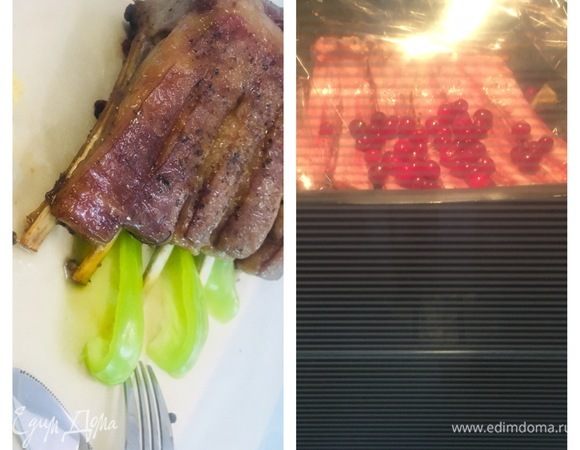 В рукав для запекания укладываем ребрышки, по бокам — стебель сельдерея, корень имбиря и посыпаем свежей клюквой, обязательно положите ягоды сверху. В рукаве делаем несколько наколов и ставим в разогретую духовку до 180°С на 1 час, 160°С на 40 минут. По готовности выкладываем и сервируем овощами. 