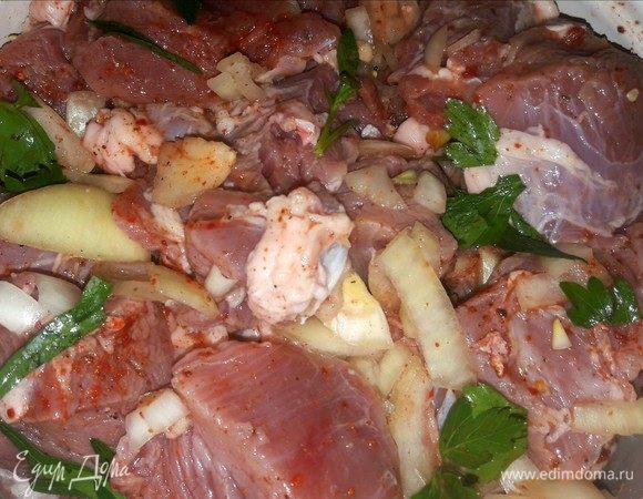 После того как с мяса будет слита минеральная вода, добавляем в него лук, выжимаем сок лимона и добавляем специи, все тщательно перемешиваем. Соль я  добавляю непосредственно перед жаркой, минут за 10,  если требуется. Также можно сделать и с майонезом, тогда минеральная вода в этом маринаде будет лишняя. Но я больше предпочитаю не добавлять майонез, так как он перебивает вкус мяса. Мясо я оставляю мариноваться на ночь, но, как я и говорила, если вы спешите, 40–60 минут вполне будет достаточно.