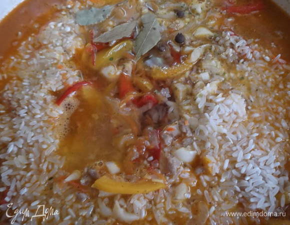 Влить воду или бульон, добавить специи.