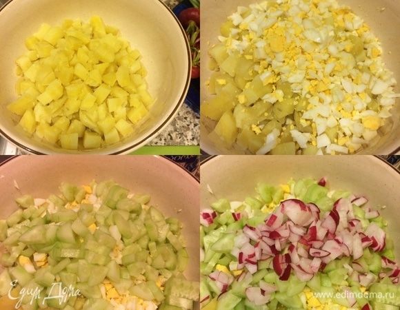 Овощи и яйца нарезать кубиками и положить в большую миску.