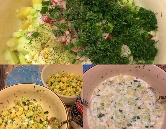 Затем добавить мелко нарезанную зелень, посолить, поперчить, перемешать, накрыть пленкой и отправить в холодильник на 2 часа. Спустя указанное время залить окрошку айраном, перемешать и отправить в холодильник еще на минут 30.