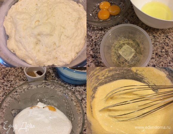 После того, как наша опара поднялась, начинаем делать основное тесто. В миске смешиваем венчиком желтки комнатной температуре с сахаром и ванильным сахаром. Затем добавляем желтки к опаре и хорошо перемешиваем миксером 3–4 минутки.