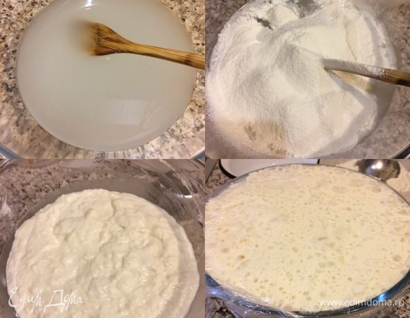 Пулиш: в воде развести дрожжи, добавить муку и все хорошо перемешать. Накрыть миску пленкой и оставить при комнатной t на 12–16 часов, опара поднимается где-то 2,5–3 раза. Моя опара поднялась за 9–10 часов, так как у нас уже весна, и дома тепло, поэтому смотрите, если у вас тоже тепло, опара может скиснуть.