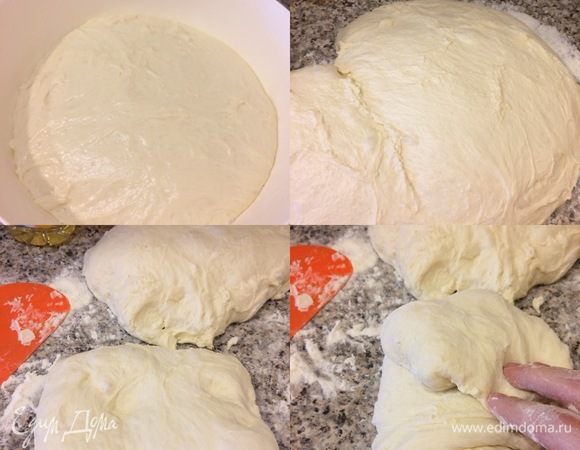 Спустя указанное время рабочую поверхность хорошо припылить мукой, выложить тесто и аккуратно разделить его на 3 части. Сформировать из каждой части хлеб, переложить на припыленную мукой доску швом вверх, накрыть полотенцем и оставить на расстойку еще на 20–25 минут.