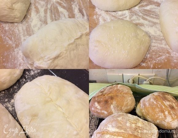 За это время духовку нагреть до 240°С. Спустя 25 минут противень посыпать мукой, аккуратно переложить хлеб на противень швом вниз, сделать надрез и выпекать с паром первые 15 минут, а потом печь еще 15–10 минут.