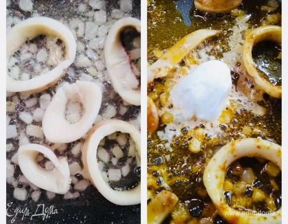 К луку добавить отварные кальмары, острую томатную пасту, сливки и немного протушить.