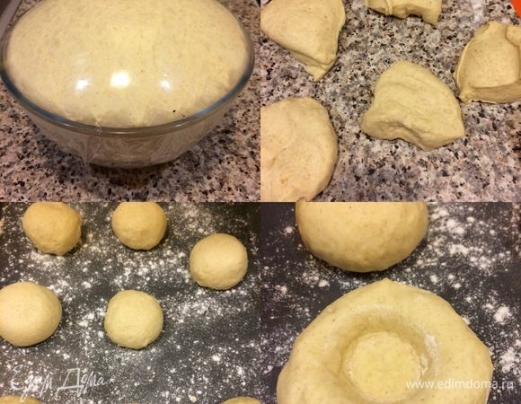 Спустя указанное время, мое тесто увеличилось в 2,5 раза. Начинаем формировать наши ватрушки. Перекладываем тесто на рабочую поверхность, обминаем, делим его на 8 частей, формируем колобки и кладем на противень швом вниз. Накрываем и оставляем еще на 15 минут. Пока тесто «отдыхает», нагреваем духовку до 180°С.