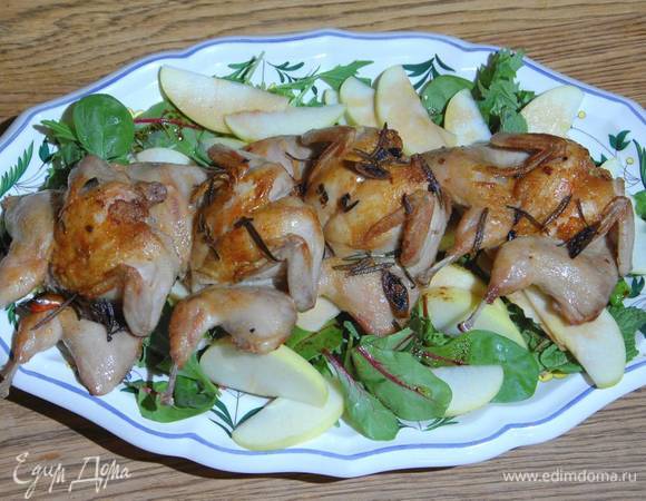 Готовых перепелок выложить на яблочный салат и сразу подавать.