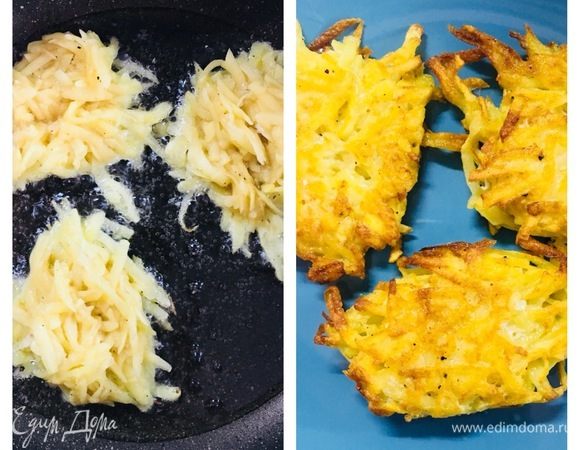 В разогретую сковороду наливаем растительное масло. Картофельную массу выкладываем в сковороду и жарим с двух сторон по 2–3 минут с каждой стороны.