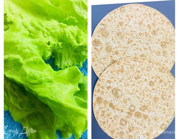 Подготовить листья салата и лаваш (использую круглый тонкий лаваш).