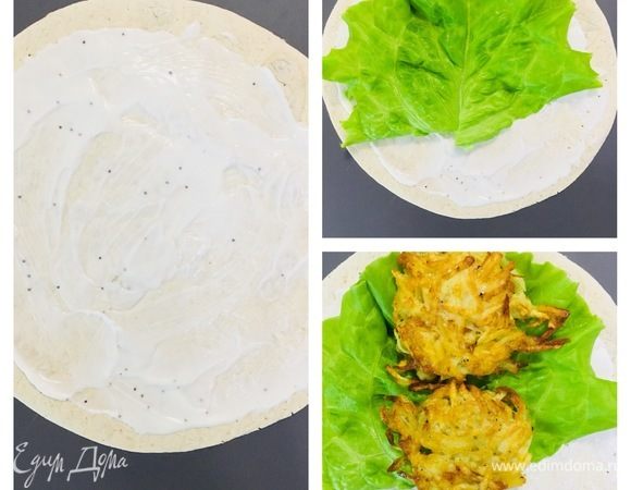 На лаваш равномерно наносим сырный соус, выкладываем листья салата, хашбраун.