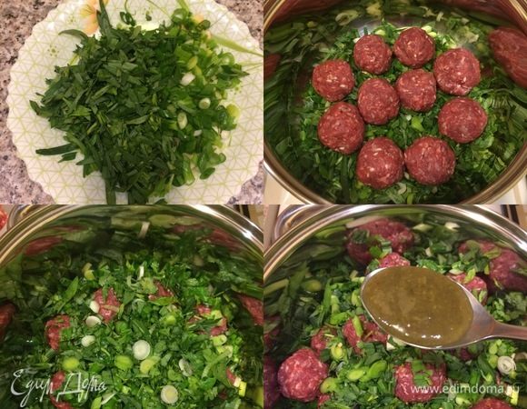 И так, зелень мелко нарезать и смешать. В кастрюлю с толстым дном добавить масло и начать слоями выкладывать: сначала зелень, затем тефтели, соль, потом опять зелень, тефтели, соль и последний слой зелени. Затем добавляем ткемали и заливаем все вином.