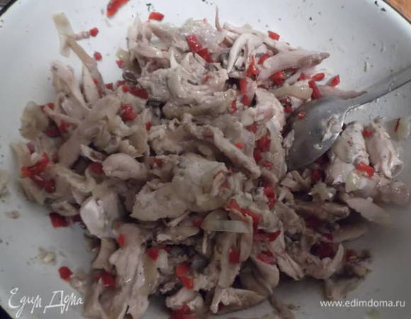 Мясо и лук смешайте со специями.