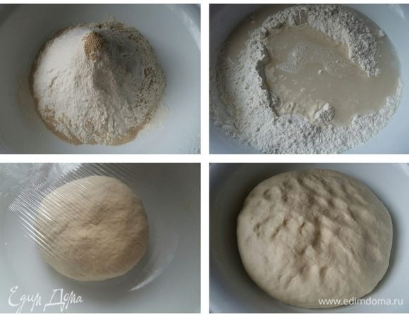 Замесить тесто на «Чуду». Отмерить 600 г муки, просеять, добавить 1 ч. л. сухих дрожжей, соль, перемешать. Сделать углубление и налить теплую воду 300 г. Замесить мягкое тесто. Накрыть пленкой и оставить на 1–1,5 часа. Пока тесто подходит, в это время приготовим начинку.