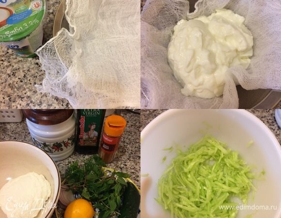 Прежде, чем начать делать наш соус, нам нужно отбросить мацони на застеленное марлей сито и дать жидкости стечь. На это у меня уходить 30–40 минут. Пока мацони «отдыхает», натираем огурец на крупной терке, слегка солим и даем тоже полежать 10 минут, затем отжимаем и сливаем огурченую жидкость.