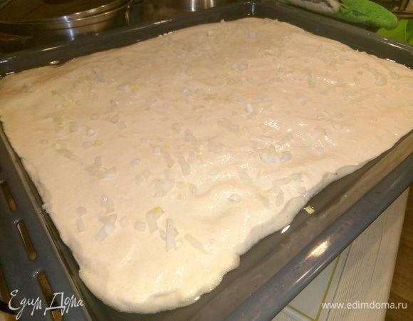 Как масло разогреется, наливаем тесто, равномерно размазываем по форме. Насыпаем равномерно сверху нарезанный лук.