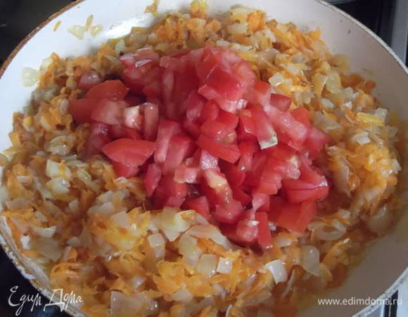 Когда зажарка будет готова, добавьте к ней нарезанные помидоры (можно и без них) и попробуйте на соль. Тушите еще при закрытой крышке до готовности томатов.