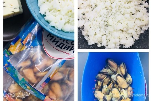 Подготовить продукты. Отварить рис, мидии согласно инструкциям на упаковках.