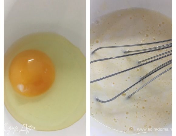 В емкость для замешивания разбиваем яйцо, взбиваем и добавляем кефир, перемешиваем.