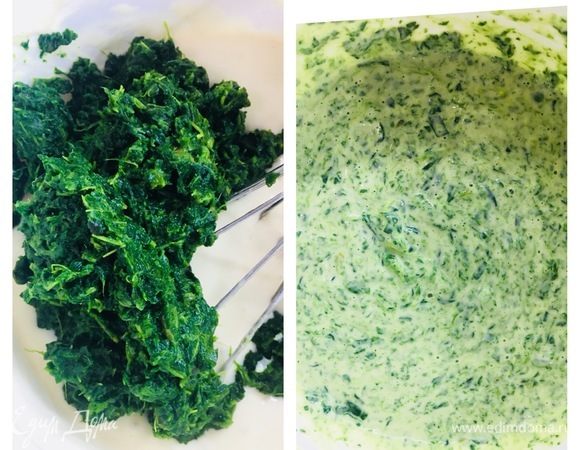 Перед тем, как добавлять шпинат в тесто, надо немного отжать (избавиться от лишней жидкости), и уже тогда добавлять его в тесто, следом влить 1 ст. л. растительного масла, перемешать.