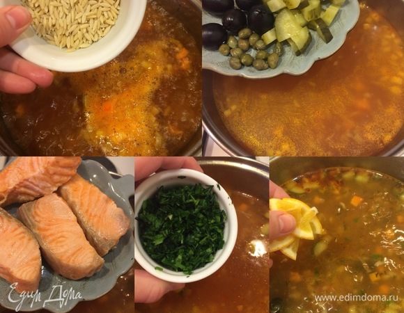 Затем добавляем макароны и варим еще 5 мин. Спустя указанное время добавляем сначала оливки, огурцы, каперсы и варим еще 3–4 минутки. Затем — очищенную рыбу, зелень, лимон, соль, перец по вкусу.