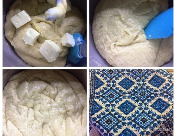 Вводим масло 5 раз по 60 г. Перекладываем тесто в миску/кастрюлю, накрываем чистым полотенцем его и оставляем при комнатной температуре. Через час — первая обминка. Еще через час повторная. После этого тесто отправляем в холодильник на 12–18 часов.