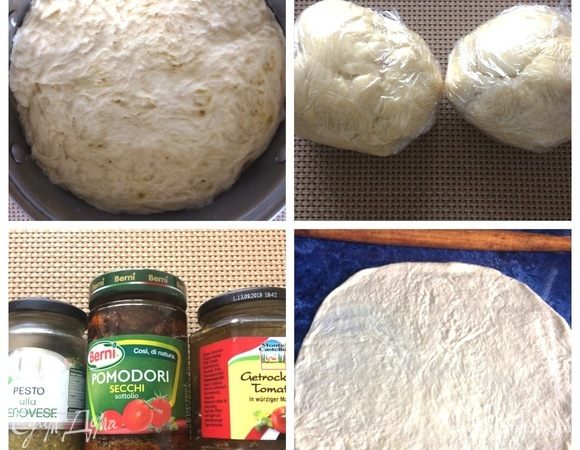 Достаем тесто на стол, немного подпыленный мукой. Делим наше тесто пополам, если хотим испечь 2 бриоши. Подкатываем в 2 шара, накрываем пленкой и даем согреться. Подготовим песто и томаты. Я взяла готовый соус, но можно его и самим приготовить. Базилик помыть и обсушить. Орехи немного обжарить. В ступке растереть чеснок и орехи, добавив немного соли. Потом листья базилика. Растереть. Затем сыр и масло. Все провернуть в комбайне. Когда я пекла, не нашла свежего базилика.