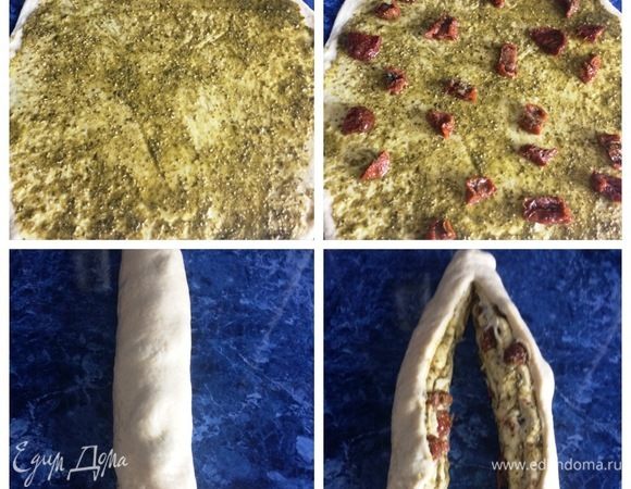 Раскатываем тесто в прямоугольник. Смазываем песто и раскладываем томаты. Сворачиваем в рулет. Надрезаем рулет вдоль, не затрагивая первые 3–4 см.