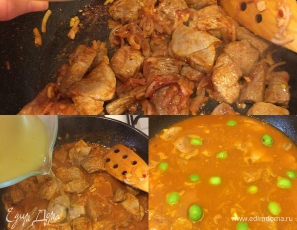 Затем добавляем вино, перемешиваем, ждем 2–3 минутки и заливаем мясо бульоном, добавляем ткемали, перемешиваем, накрываем крышкой и тушим на медленном огне до готовности мяса.