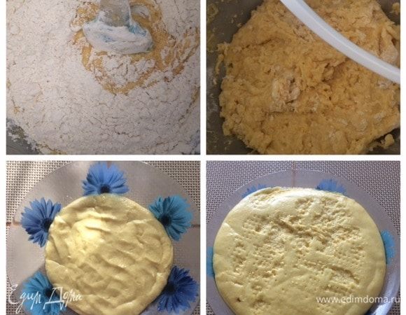 Просеиваем муку с солью. В рецепте автора было указано 3 ст. муки. Я взвесила, и получилось 440 г. Постепенно всыпая муку, замешиваем мягкое тесто. Оно не очень крутое, но, в то же время, уже не прилипает к рукам. Вымешиваем не меньше 10 минут. Положить тесто в смазанную маслом посуду, накрыть чистым полотенцем. Оставить подходить в теплом месте 1,5–2 часа (у меня все та же духовка).