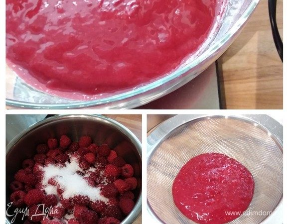 Малину свежую или размороженную взбить с сахаром, затем перетереть через сито, чтобы избавиться от косточек. Из этого пюре мы будем готовить малиновый мусс, малиновую прослойку и глазурь. Количество пюре понадобится не менее 250 г. У меня получилось больше, но я изначально брала 500 г малины.