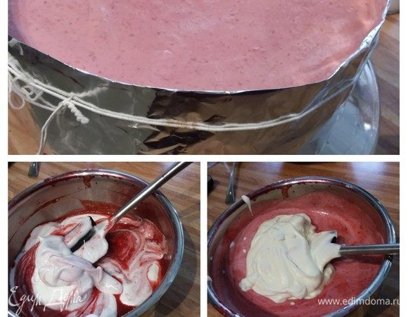 Для малинового мусса замочить в небольшом количестве холодной воды желатин. Малиновое пюре слегка подогреть и растворить в нем желатин. Охладить до 35–40°C, затем опять же частями ввести взбитые с сахаром белки. И в конце взбитые сливки. Как и прежде работаем аккуратно, но энергично лопаточкой, перемешивая круговыми движениями сверху вниз. Выложить малиновый мусс на второй корж, разровнять и отправить в холодильник минимум на 4 часа.